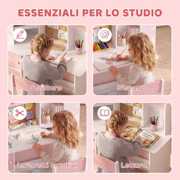 AIYAPLAY Set Scrivania e Sedia per Bambini 5-12 Anni con Libreria, Portapenne, Supporto Regolabile per Tablet, Rosa | Aosom Italy