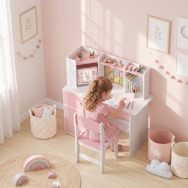 AIYAPLAY Set Scrivania e Sedia per Bambini 5-12 Anni con Libreria, Portapenne, Supporto Regolabile per Tablet, Rosa | Aosom Italy