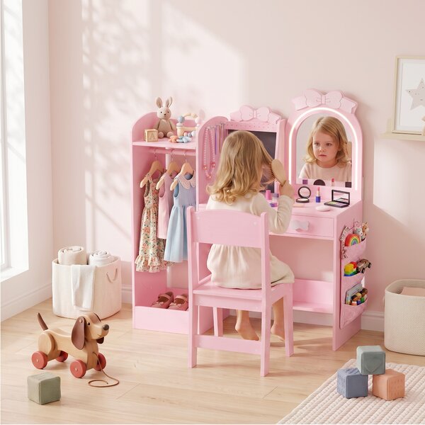 AIYAPLAY Toeletta per Bambini 3 in 1 con Sgabello, Specchio con Luci a 2 Colori e Appendiabiti, Rosa, 3-8 Anni | Aosom Italy