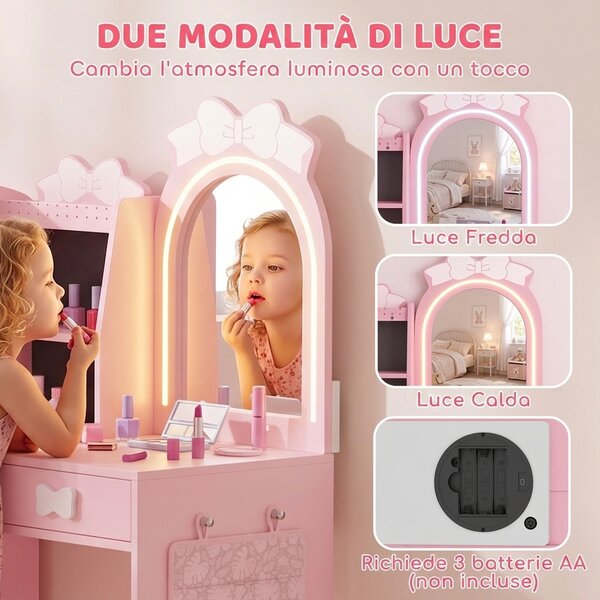 AIYAPLAY Toeletta per Bambini 3 in 1 con Sgabello, Specchio con Luci a 2 Colori e Appendiabiti, Rosa, 3-8 Anni | Aosom Italy
