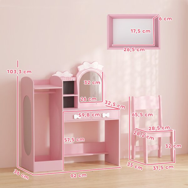 AIYAPLAY Toeletta per Bambini 3 in 1 con Sgabello, Specchio con Luci a 2 Colori e Appendiabiti, Rosa, 3-8 Anni | Aosom Italy