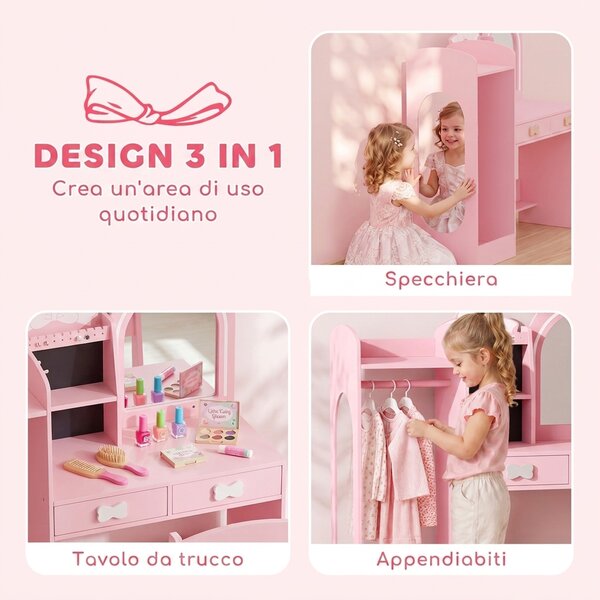 AIYAPLAY Toeletta per Bambini 3 in 1 con Sgabello, Specchio con Luci a 2 Colori e Appendiabiti, Rosa, 3-8 Anni | Aosom Italy