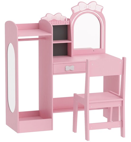 AIYAPLAY Toeletta per Bambini 3 in 1 con Sgabello, Specchio con Luci a 2 Colori e Appendiabiti, Rosa, 3-8 Anni | Aosom Italy