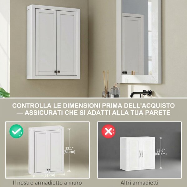 HOMCOM Mobile da Bagno a Parete in Legno con 2 Ripiani Regolabili su 3 Livelli, 61x20x84 cm, Bianco | Aosom Italy