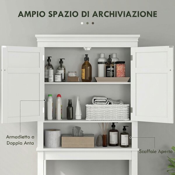 HOMCOM Mobile Sopra WC con Armadietto a 2 Ante e Ripiano Aperto, Barra Inferiore, 70x20x175 cm, Bianco | Aosom Italy