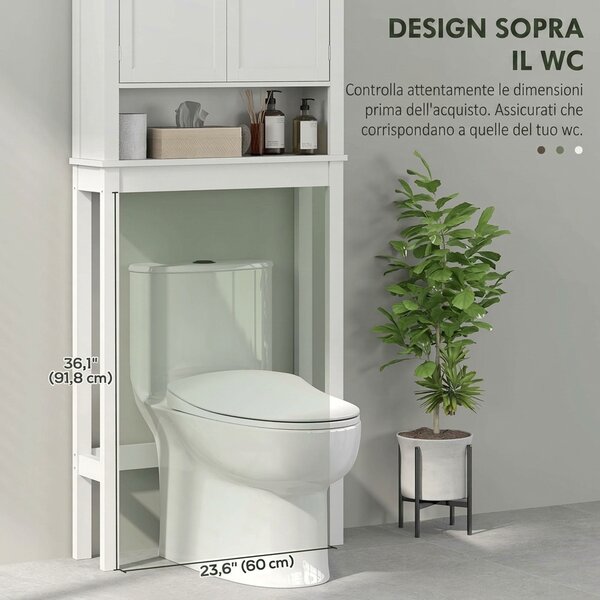 HOMCOM Mobile Sopra WC con Armadietto a 2 Ante e Ripiano Aperto, Barra Inferiore, 70x20x175 cm, Bianco | Aosom Italy
