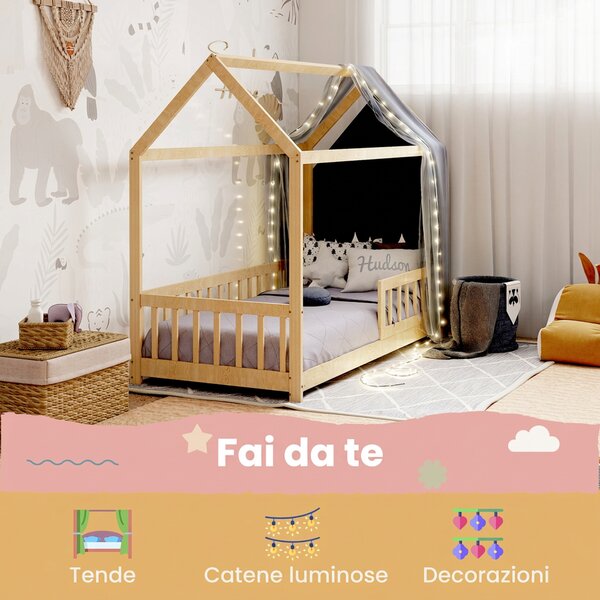 HOMCOM Struttura Letto per Bambini a Forma di Casetta con Doghe e Recinzione, in Legno di Pino, Color Legno | Aosom Italy