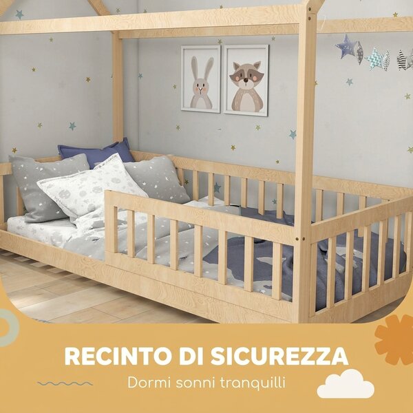HOMCOM Struttura Letto per Bambini a Forma di Casetta con Doghe e Recinzione, in Legno di Pino, Color Legno | Aosom Italy