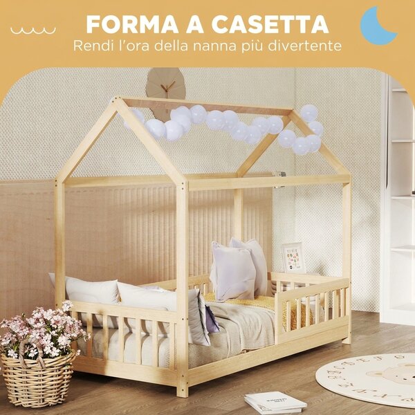 HOMCOM Struttura Letto per Bambini a Forma di Casetta con Doghe e Recinzione, in Legno di Pino, Color Legno | Aosom Italy