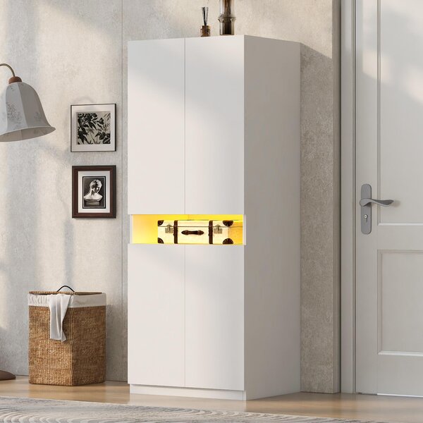 Armadio Merax con 2 ante e illuminazione a LED, armadio singolo con barra appendiabiti e ripiani, armadio per bambini con spazio contenitivo, bianco