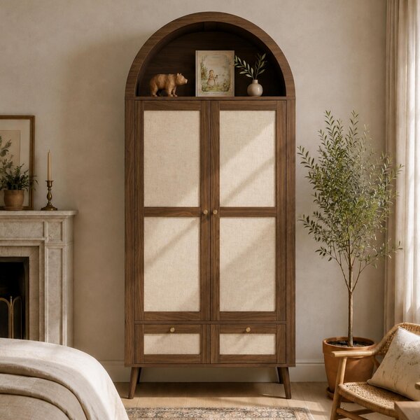 Armadio Merax con 2 ante e 2 cassetti, mobile alto con forma ad arco, asta appendiabiti, ripiano aperto, armadio da ingresso con aspetto rattan, noce