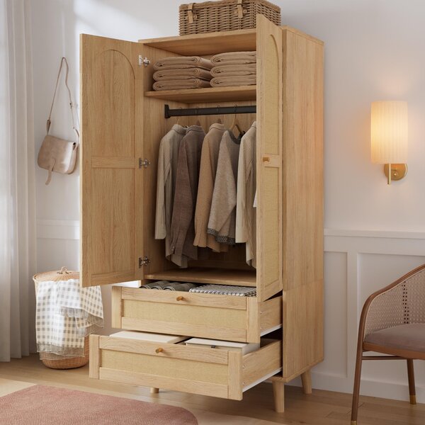 Armadio Merax con aspetto rattan, armadio per bambini con asta appendiabiti, armadio alto con ripiani e 2 cassetti, armadio per l'ingresso, colore naturale