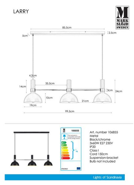 Lampada a sospensione Markslöjd, Nero, Sala da pranzo, Metallo