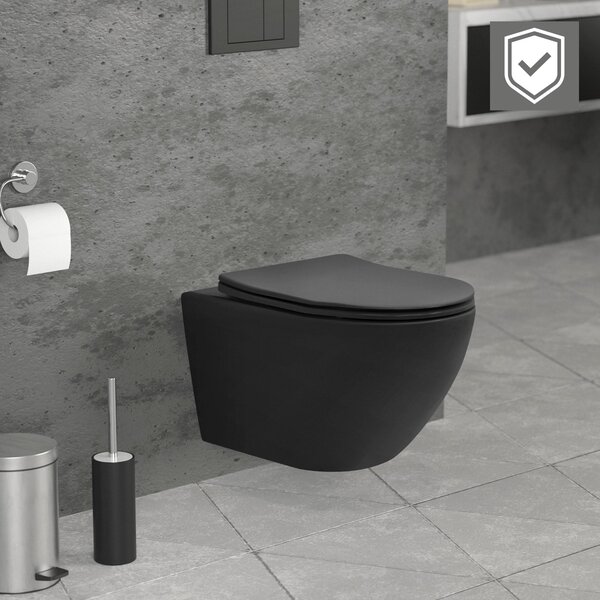 LuxeBath WC sospeso senza bordo con rivestimento nano, nero opaco, lungo