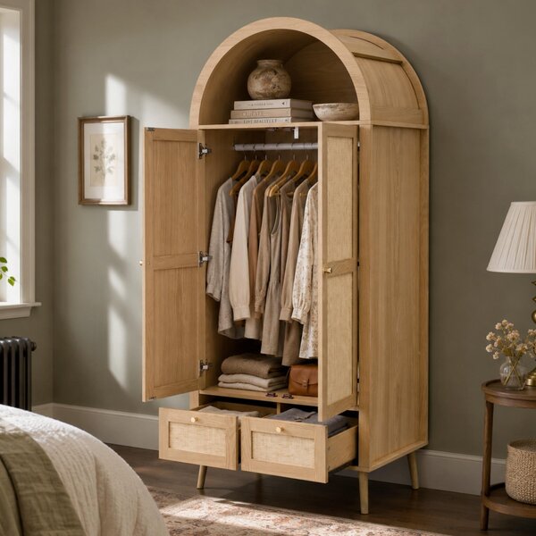 Armadio Merax con 2 ante e 2 cassetti, mobile alto con forma ad arco, asta appendiabiti, ripiano aperto, armadio da ingresso con aspetto rattan, colore naturale