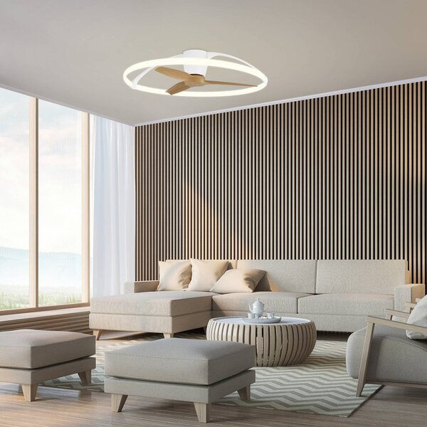 Mantra Iluminación Ventilatore da soffitto LED intelligente Nepal, bianco/faggio, CC, silenzioso dimmerabile, Legno chiaro, Soggiorno / Sala da pranzo, Metallo, Moderno