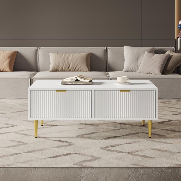 Tavolino bianco con due cassetti, dimensioni 100x50x40 cm, realizzato in MDF con gambe in metallo dorato, ideale per il soggiorno