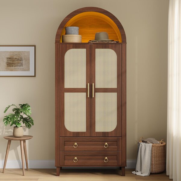 Armadio Merax con nicchia ad arco e ante doppie in rattan, armadio per bambini con asta appendiabiti e 2 cassetti, illuminazione LED controllabile tramite app, gambe in legno massello, noce