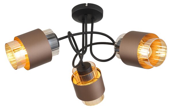 Lampada a soffitto, finitura nera opaca, vetro ambrato, 3 luci, diametro 43 cm