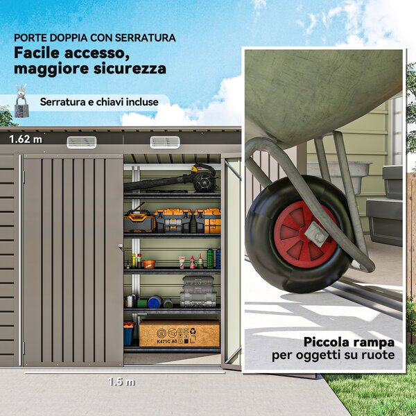 Outsunny Capanno Porta Attrezzi con 2 Prese d'Aria e Chiavistello, in Acciaio, 249x121x183 cm, Grigio Chiaro | Aosom Italy