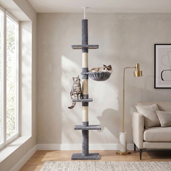 PawHut Albero Tiragraffi a 4 Livelli ad Altezza Regolabile, in Truciolato, Peluche e Sisal, 40x34x230-260 cm, Grigio|Aosom