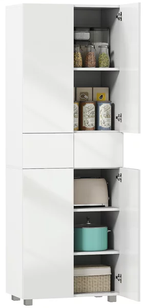 HOMCOM Dispensa Cucina con 4 Ante, 3 Ripiani Regolabili e Mensole a 5 Livelli in MDF e Truciolato, 60x35x170 cm, Bianco Lucido|Aosom