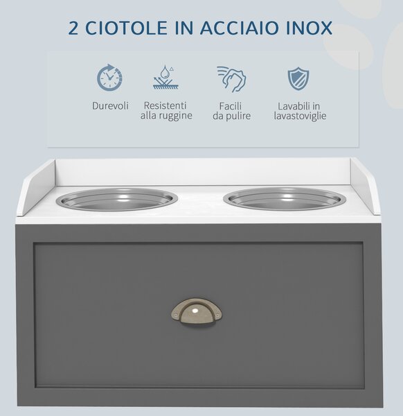 PawHut Ciotole per Cani Rialzate in Acciaio Inox e Legno con Cassetto, 60x30x36cm, Grigio | Aosom Italy