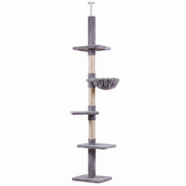 PawHut Albero Tiragraffi a 4 Livelli ad Altezza Regolabile, in Truciolato, Peluche e Sisal, 40x34x230-260 cm, Grigio|Aosom