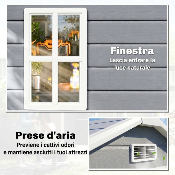 Outsunny Casetta da Giardino con Finestra e Doppia Porta con Serratura, Capanno per Attrezzi in Alluminio e PP, Grigio | Aosom Italy