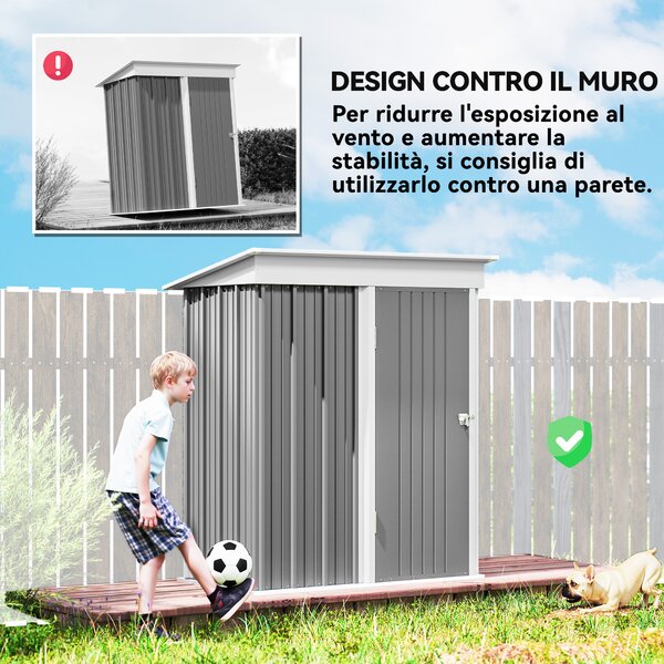 Outsunny Casetta da Giardino con Porta Bloccabile e 2 ripiani regolabili, Porta Attrezzi in Acciaio, 161x95x163/181cm, Grigio | Aosom Italy