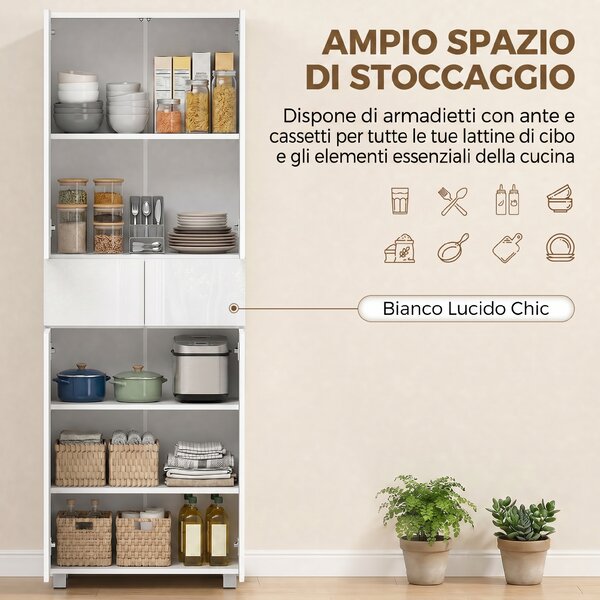 HOMCOM Dispensa Cucina con 4 Ante, 3 Ripiani Regolabili e Mensole a 5 Livelli in MDF e Truciolato, 60x35x170 cm, Bianco Lucido|Aosom