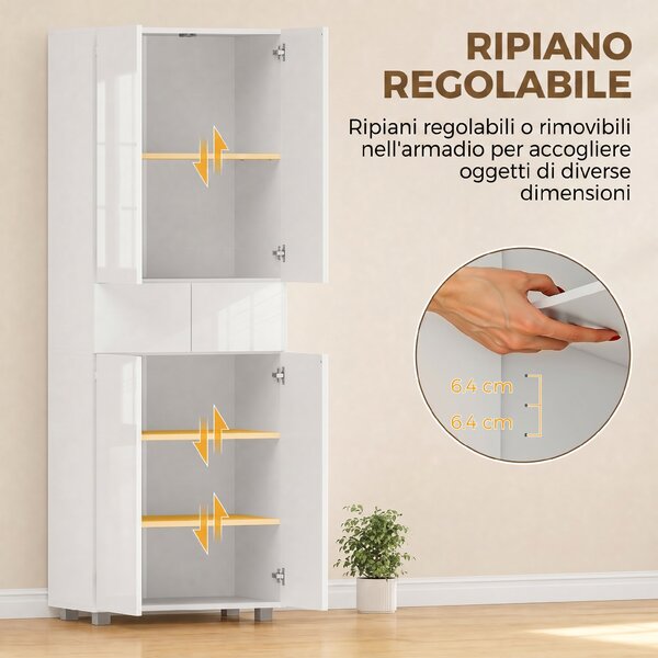 HOMCOM Dispensa Cucina con 4 Ante, 3 Ripiani Regolabili e Mensole a 5 Livelli in MDF e Truciolato, 60x35x170 cm, Bianco Lucido|Aosom