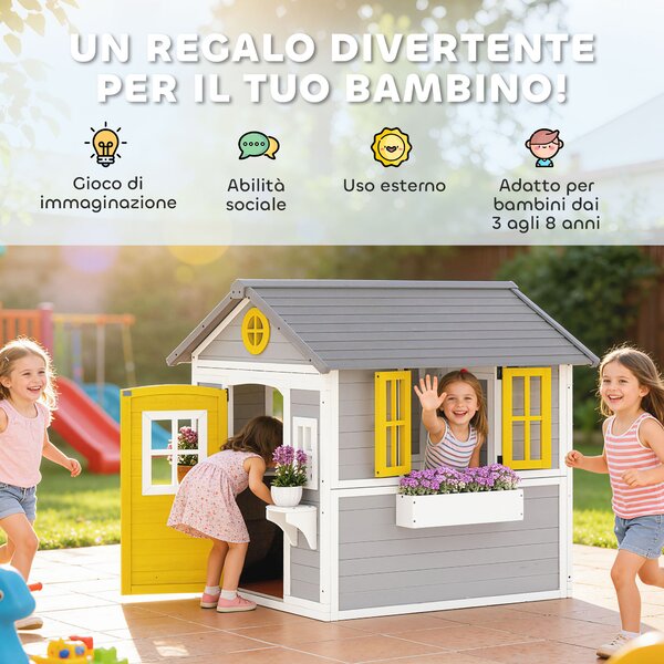 Outsunny Casetta da Giardino in Legno per Bambini 3-8 Anni con Finestre, Tetto Inclinato, Vasi e Fioriere, Grigio | Aosom Italy