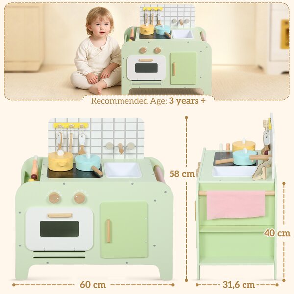 AIYAPLAY Set Cucina Giocattolo in Legno per Bambini da 3+ Anni con 15 Accessori, Verde | Aosom Italy