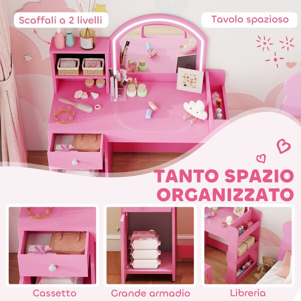 AIYAPLAY Set Toeletta Trucco per Bambini 2 in 1 con Specchio, Sedia, Luce LED, Armadietto, Scaffali e Libreria, Rosa | Aosom Italy