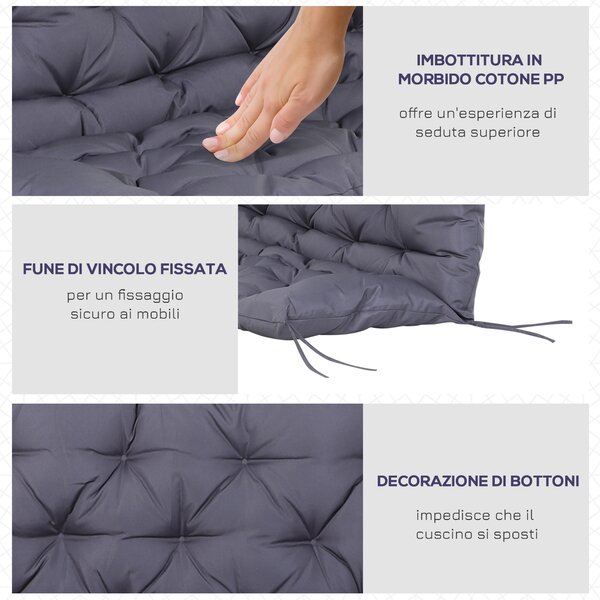 Outsunny Cuscino da Giardino 2 Posti per Sedute da Esterno con Schienale e 6 Lacci, Cuscino da Esterno Imbottito in Cotone e Poliestere, per Divani Dondoli Panche, 132x110x10 cm, Grigio Scuro | Aosom Italy