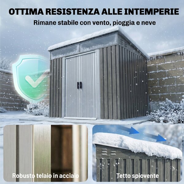Outsunny Casetta da Giardino 2m² in Acciaio Zincato con Kit Fondazione, Prese d'Aria, Capanno da Giardino con Finestre Trasparente, Tetto Inclinato, Porta Scorrevole Bloccabile, 2 Ganci, Grigio Chiaro | Aosom Italy