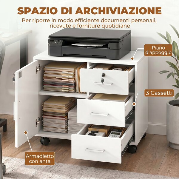 HOMCOM Schedario per Ufficio con 3 Cassetti e Armadietto con 3 Ripiani Regolabili, in Legno, 60x40x56 cm, Bianco
