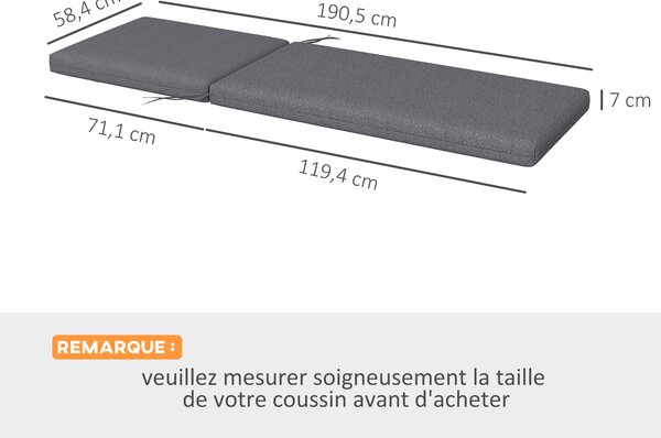 Outsunny Set 2 Cuscini per Sedie da Esterno con Lacci e 2 Imbottiture, in Poliestere e Cotone, 190.5x58.4x7 cm, Grigio | Aosom Italy