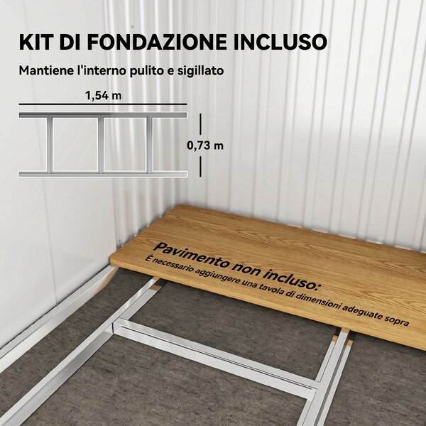 Outsunny Casetta da Giardino 2m² in Acciaio Zincato con Kit Fondazione, Prese d'Aria, Capanno da Giardino con Finestre Trasparente, Tetto Inclinato, Porta Scorrevole Bloccabile, 2 Ganci, Grigio Chiaro | Aosom Italy