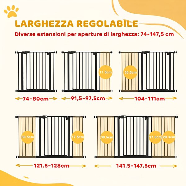PawHut Cancellino per Cani e Animali Domestici 3 Estensioni Larghezza Regolabile Fino 147.5cm Chiusura Automatica, Nero|Aosom