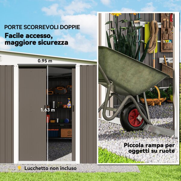 Outsunny Casetta da Giardino con Doppia Porta Scorrevole, Capanno Porta Attrezzi in Acciaio, 345x280.5x169-201cm, Grigio | Aosom Italy
