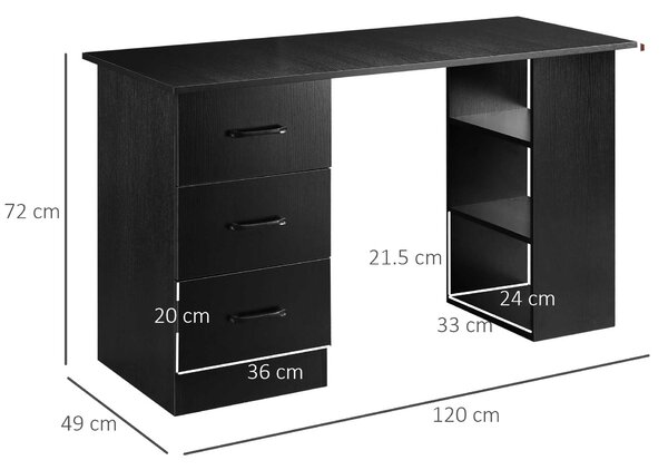 HOMCOM Scrivania Moderna in Legno con 3 Cassetti e 3 Ripiani per Camera e Ufficio, 120x49x72cm, Nero|Aosom