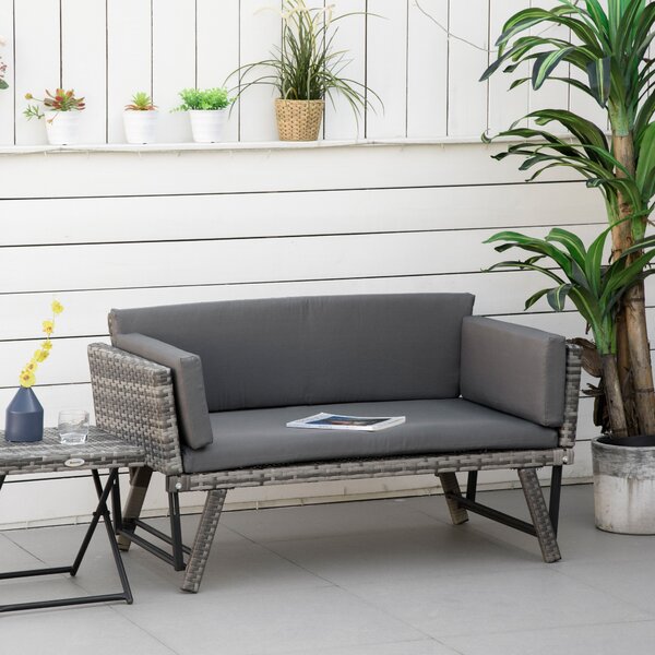 Outsunny Divano da Giardino 2 Posti in Rattan con Imbottitura e Braccioli Ribaltabili, 129x63x67cm, Grigio|Aosom