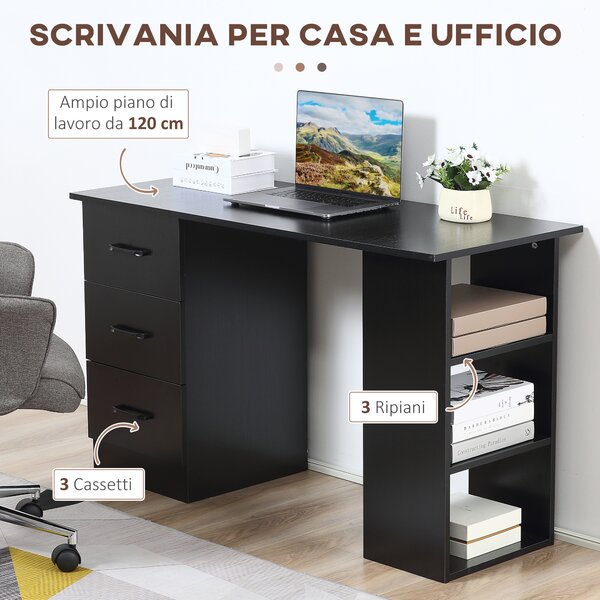 HOMCOM Scrivania Moderna in Legno con 3 Cassetti e 3 Ripiani per Camera e Ufficio, 120x49x72cm, Nero|Aosom