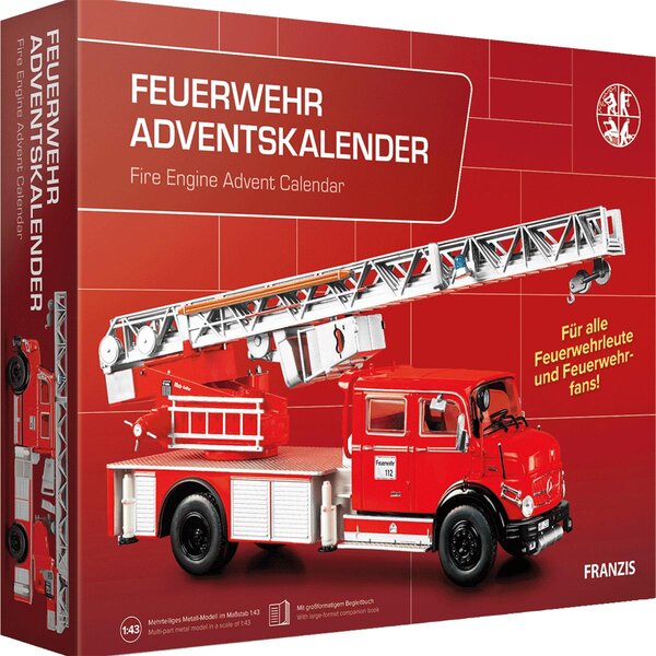 FRANZIS 67206 - Calendario dell'Avvento per vigili del fuoco, kit di modellismo in metallo del Mercedes-Benz L1519 in scala 1:43, completo di un manuale di 52 pagine