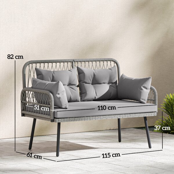Outsunny Divano da giardino con cuscini e guanciali 2 posti in resina intrecciata, divano da esterno con braccioli grigio scuro | Aosom Italy