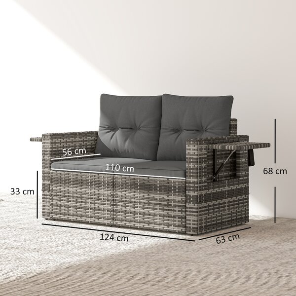 Outsunny Divano rattan 2 posti con cuscini richiudibile ripiani laterali salotto Grigio chiaro | Aosom Italy