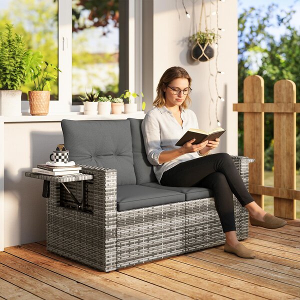 Outsunny Divano rattan 2 posti con cuscini richiudibile ripiani laterali salotto Grigio chiaro | Aosom Italy
