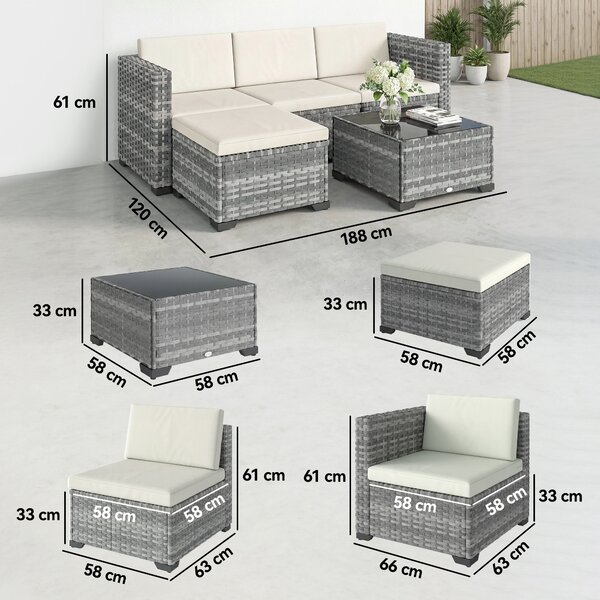 Outsunny Set di mobili da giardino in polyrattan 5 pezzi, set lounge con divano angolare pouf tavolo cuscini seduta e schienale Grigio+Bianco crema | Aosom Italy